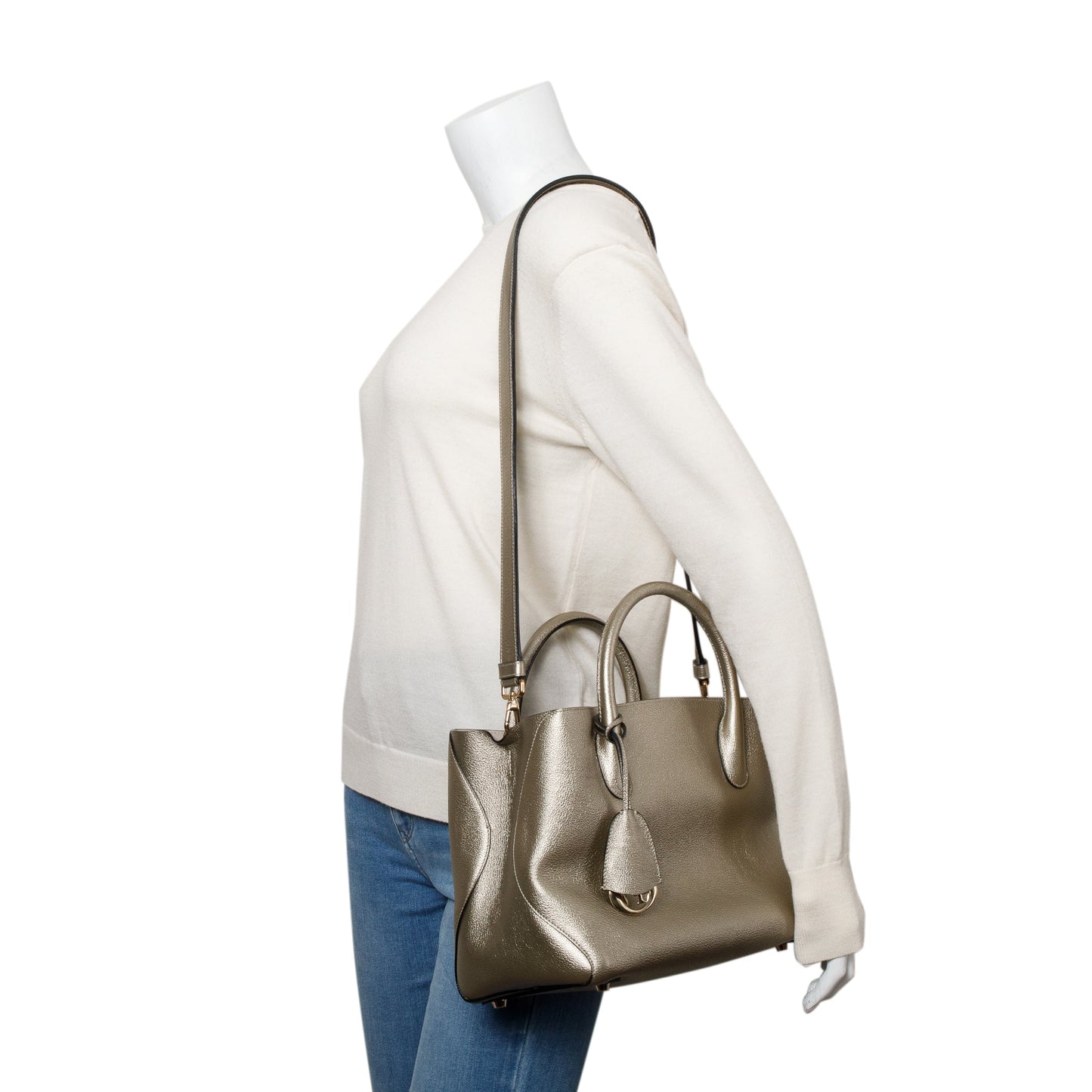 Christian Dior Gold Metallic Calfskin Leather Small Open Bar Tote