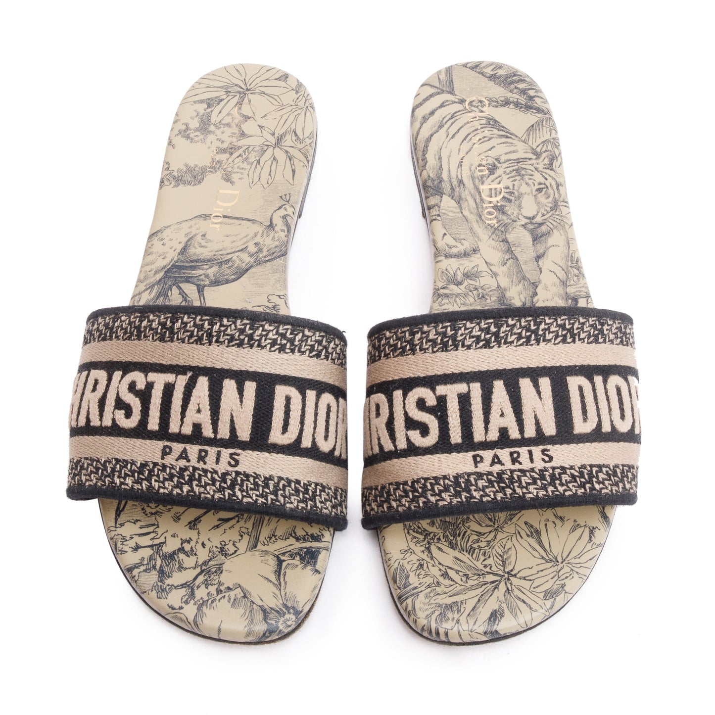 Christian Dior Neutral/Navy Embroidered Cotton Dway Slide, Size 37