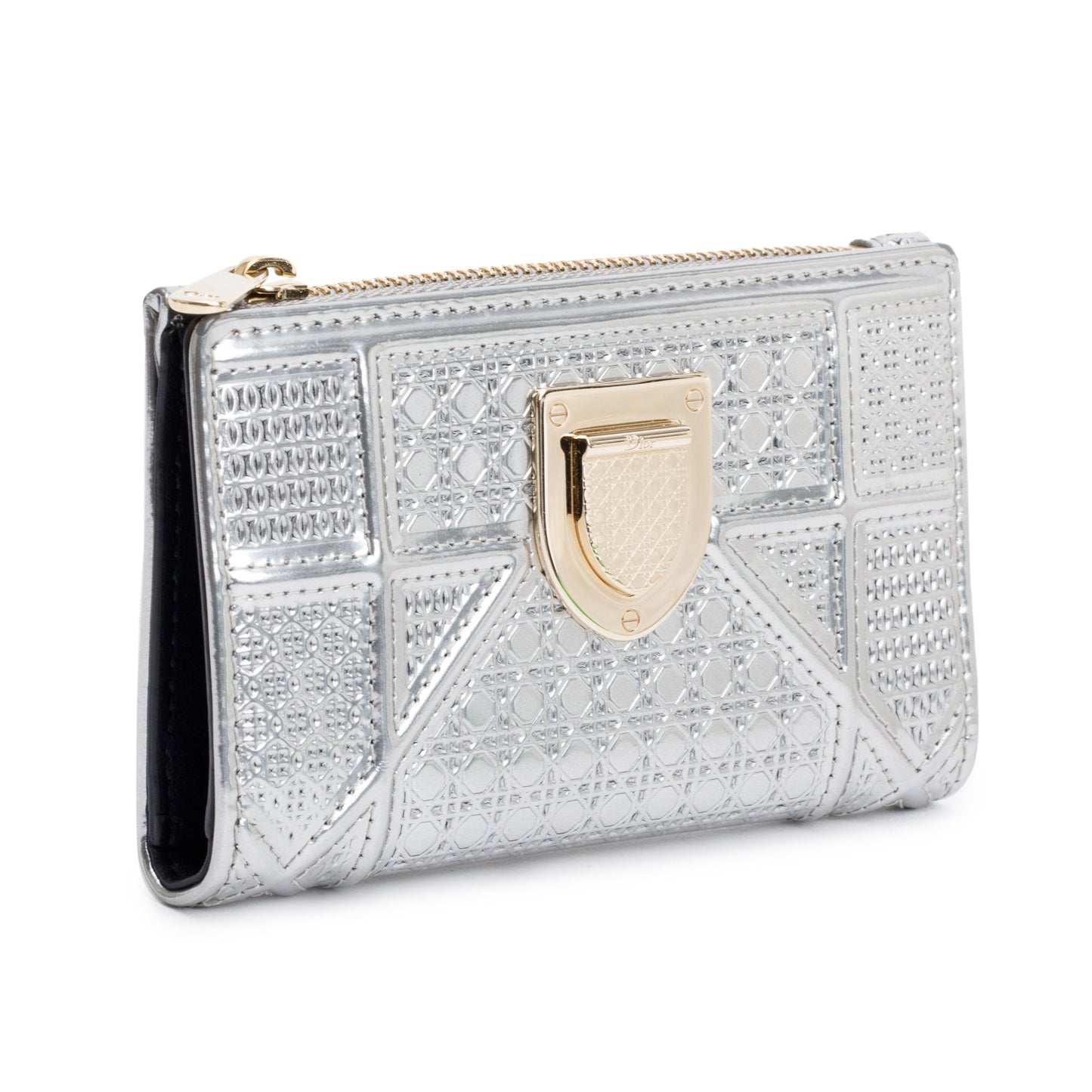 Christian Dior Silver Metallic Patent Leather Diorama Compact Wallet