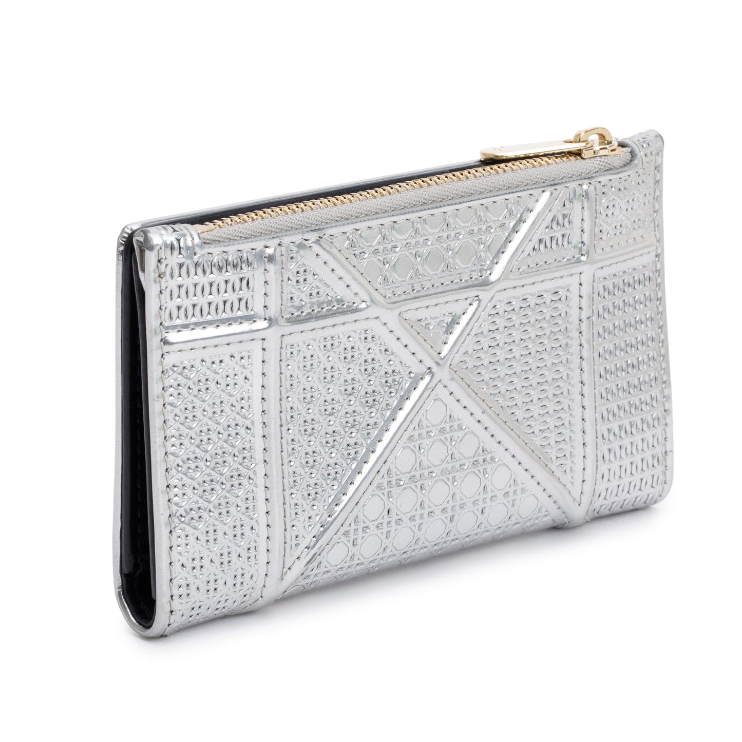 Christian Dior Silver Metallic Patent Leather Diorama Compact Wallet