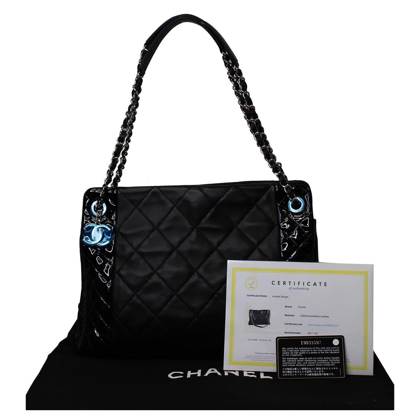 CHANEL CC Charm Quilted Lambskin Patent Leather Tote Bag Black