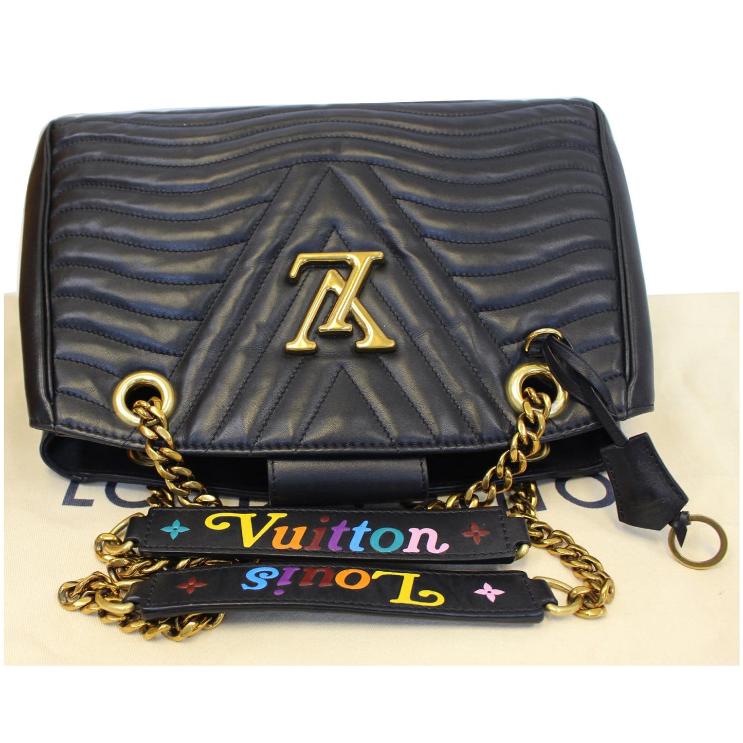 LOUIS VUITTON Wave Chain Leather Tote Shoulder Bag Black