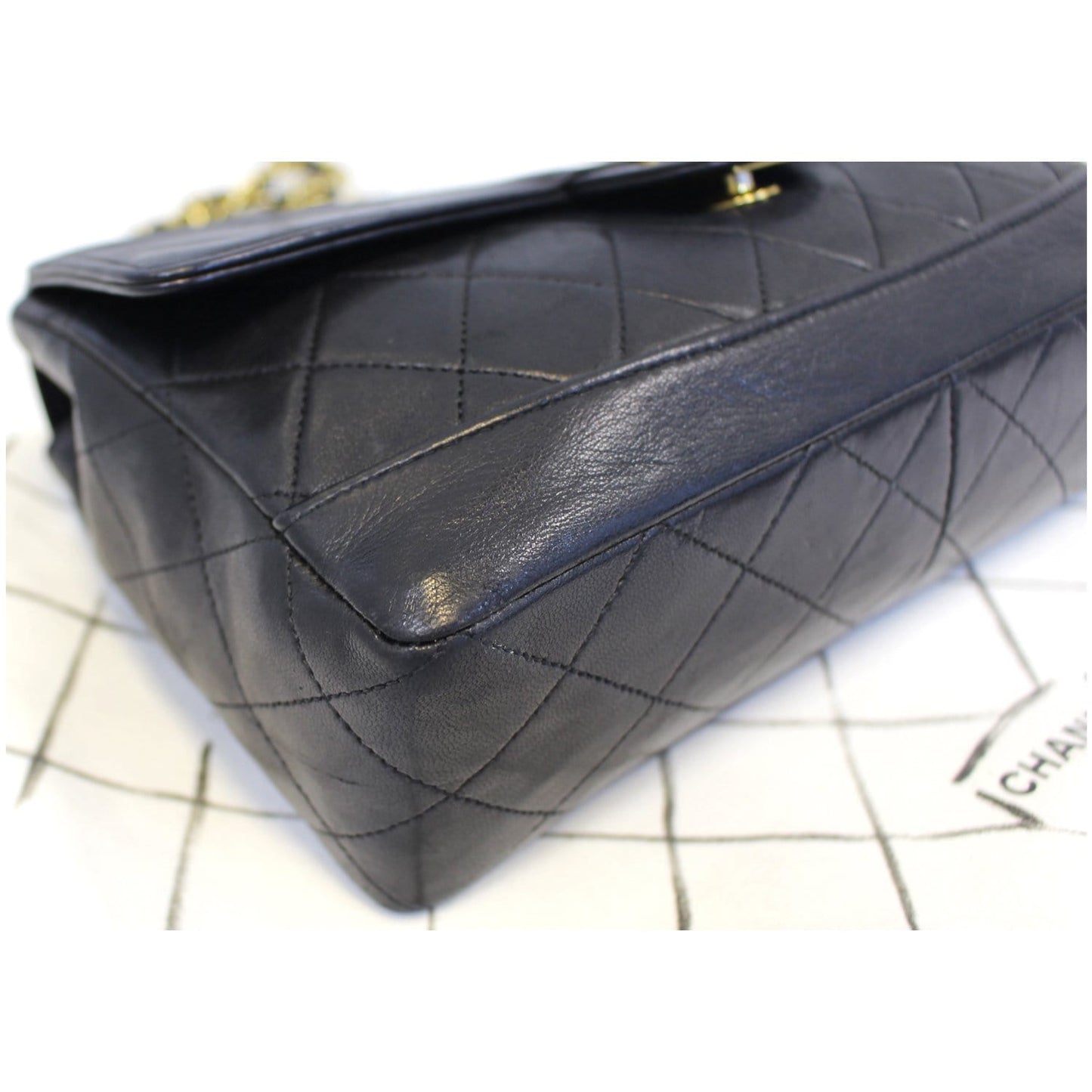 CHANEL Vintage Quilted Lambskin Leather Line Flap Bag Black