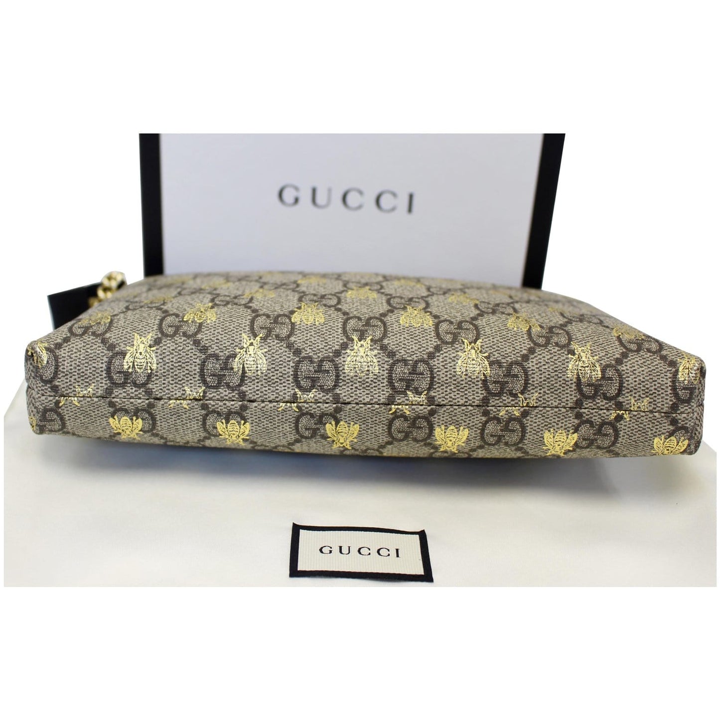 GUCCI Linea Bee GG Supreme Wristlet Handbag Beige/Gold