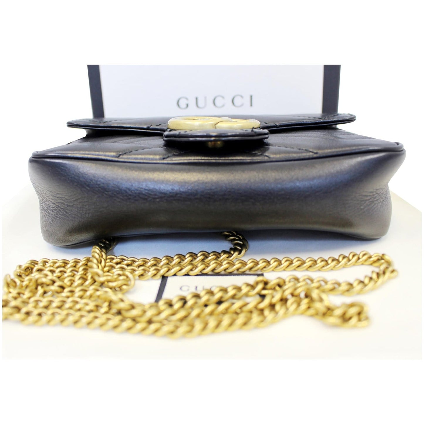 GUCCI GG Marmont Matelasse Black Leather Super Mini Crossbody Bag