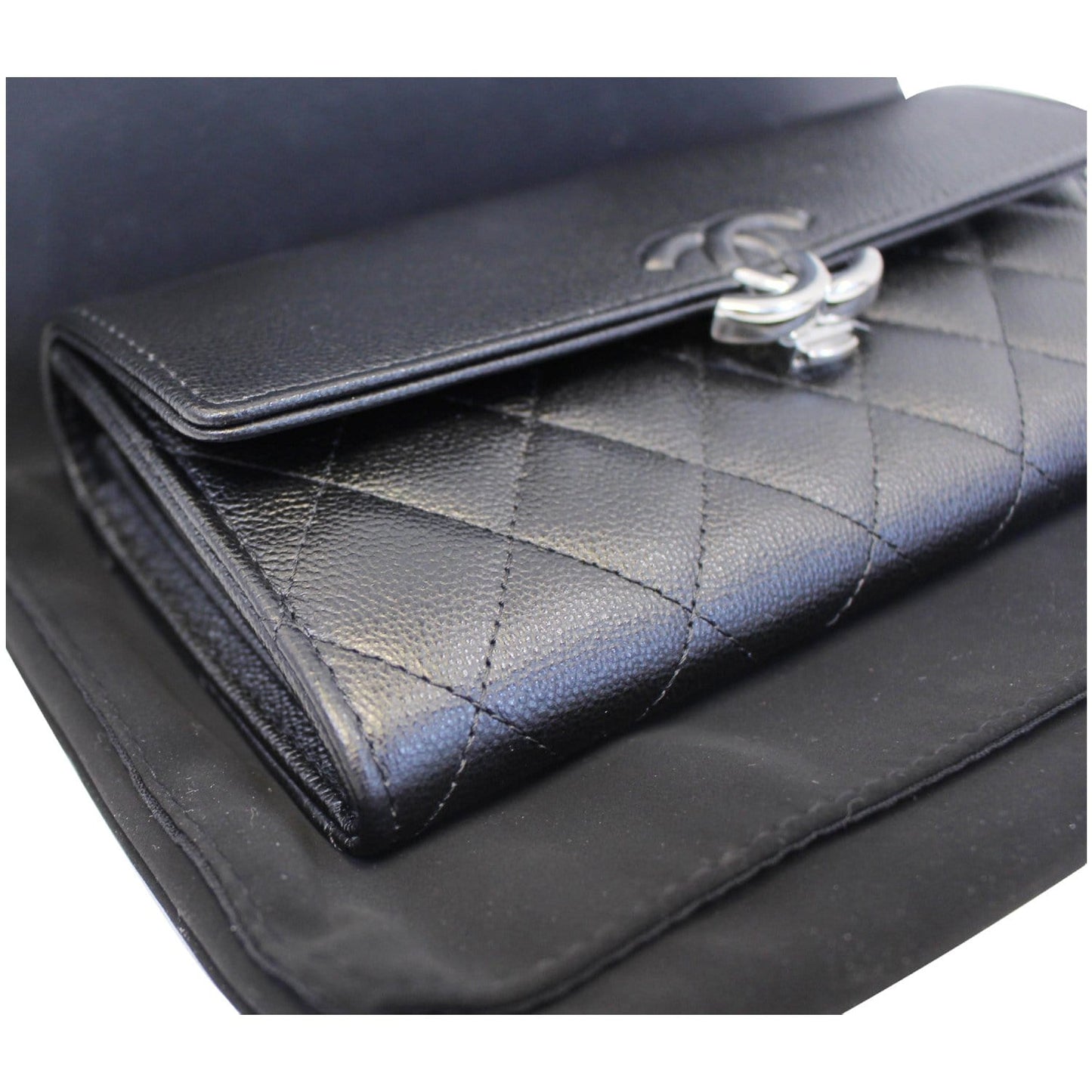 CHANEL Grained Leather Long Flap Wallet Silver-Tone Metal