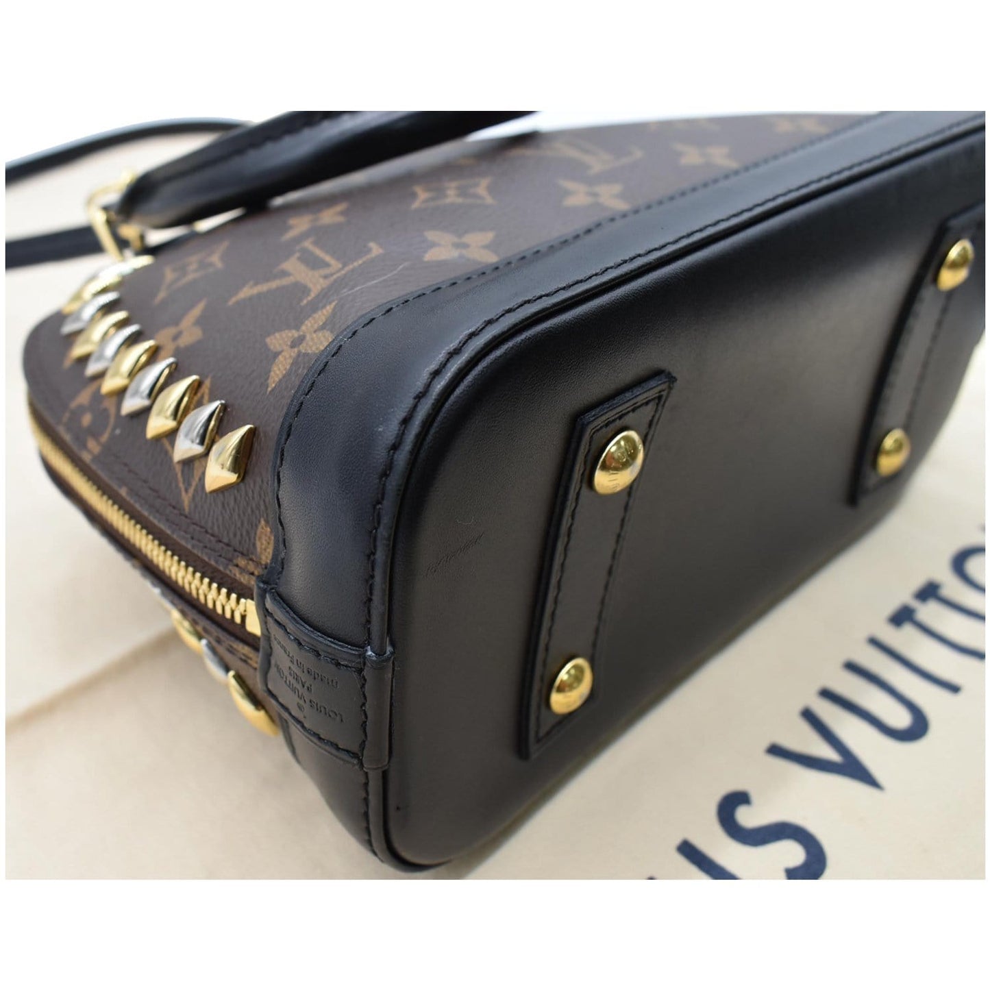 LOUIS VUITTON Studded Alma BB Monogram Macassar Canvas Crossbody Bag Brown