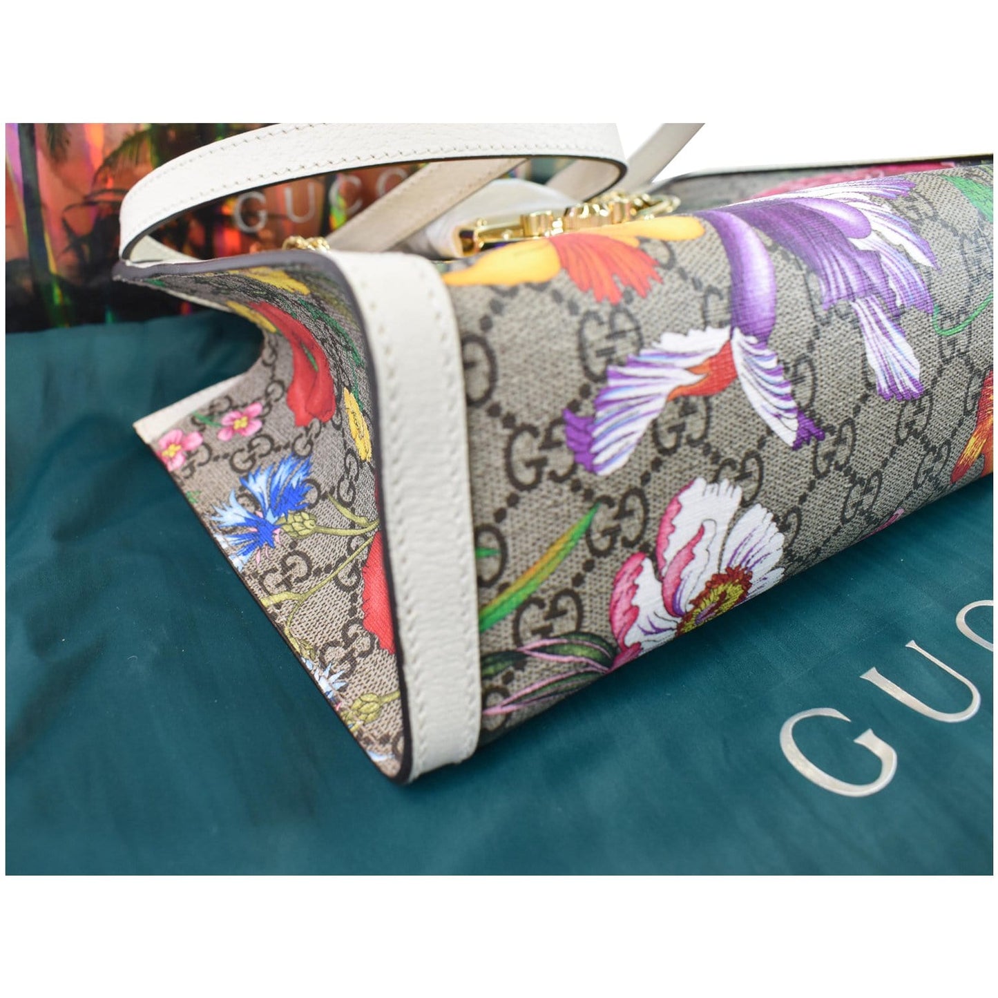 GUCCI Padlock Flora Small GG Supreme Canvas Shoulder Bag Beige 498156