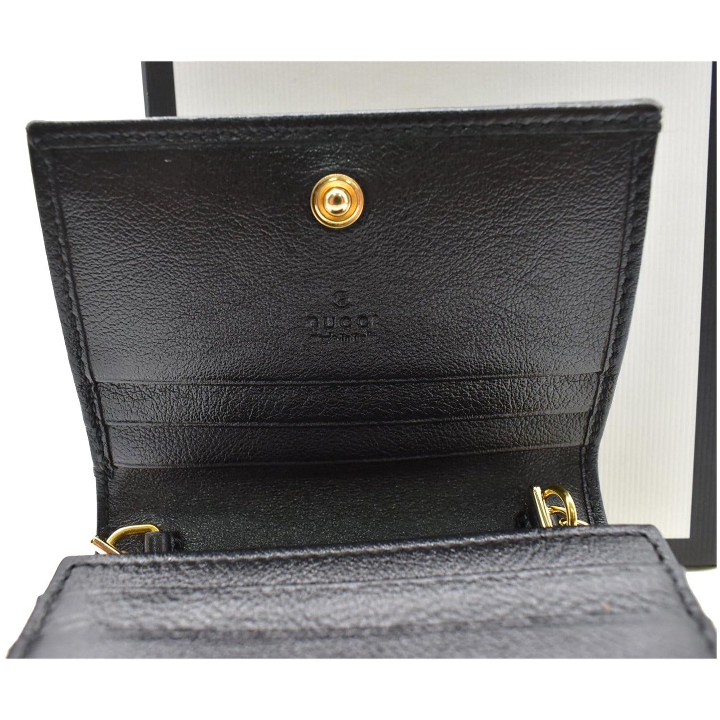 GUCCI Rajah Web Leather Card Case Chain Wallet Black 573790