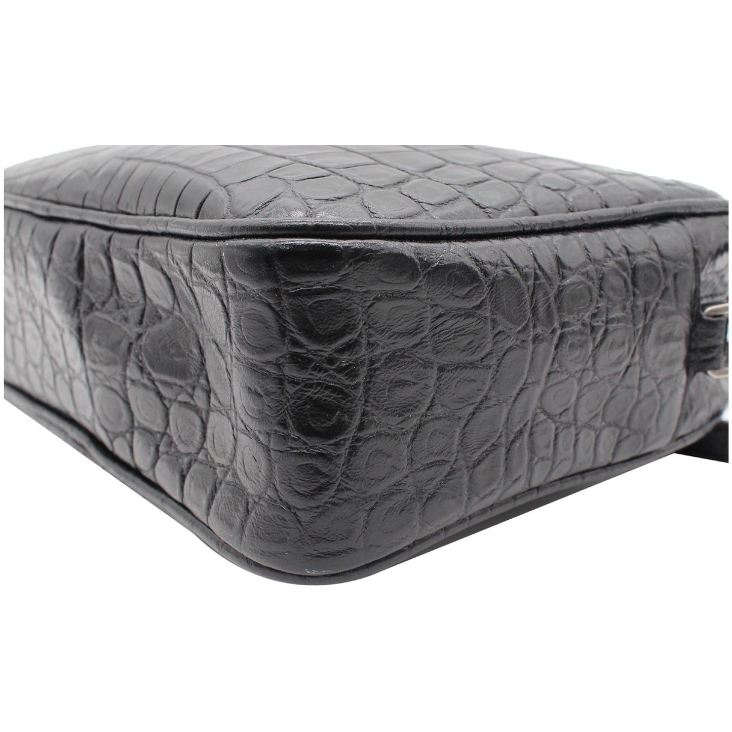 YVES SAINT LAURENT Lou Crocodile Embossed Leather Camera Crossbody Bag Black