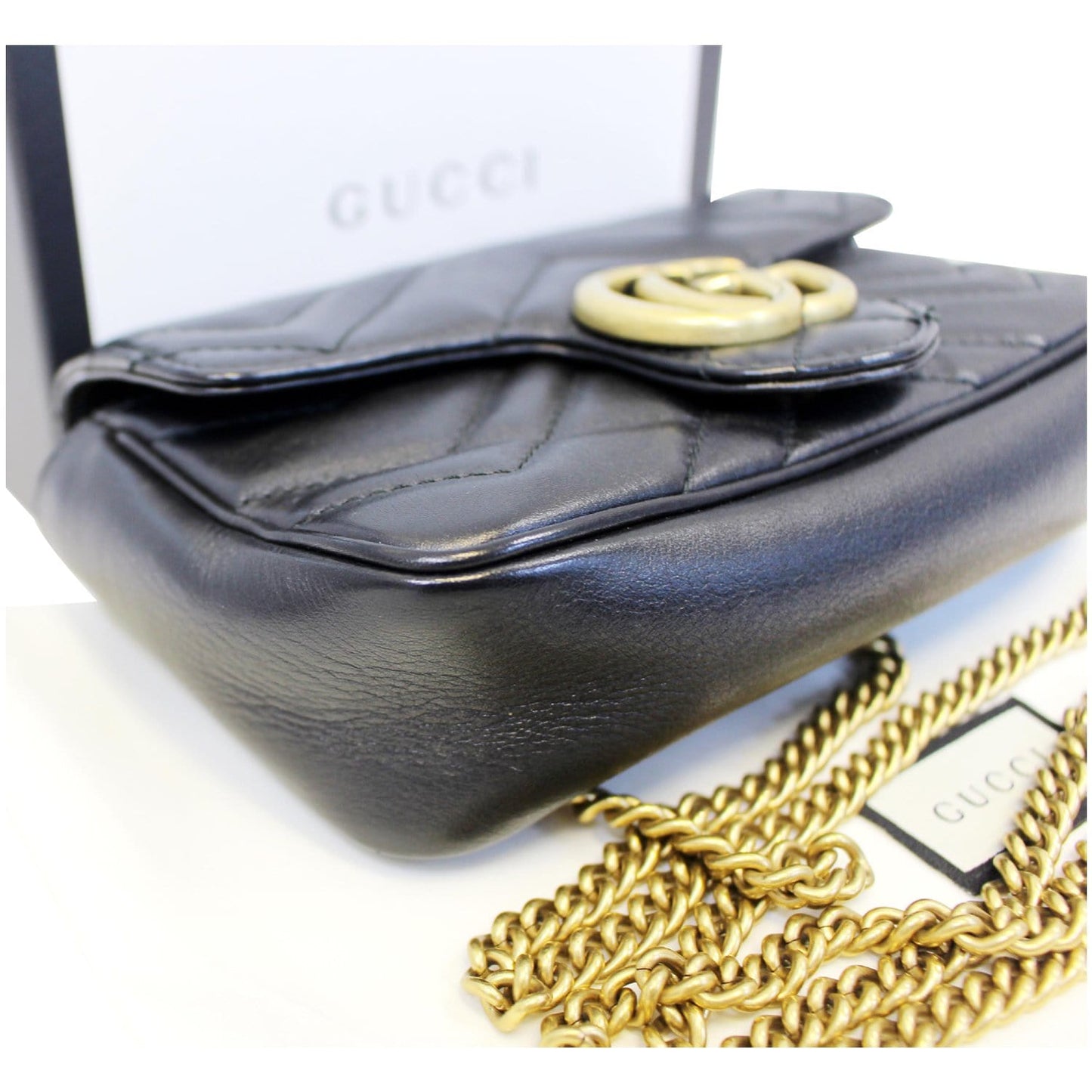 GUCCI GG Marmont Matelasse Black Leather Super Mini Crossbody Bag