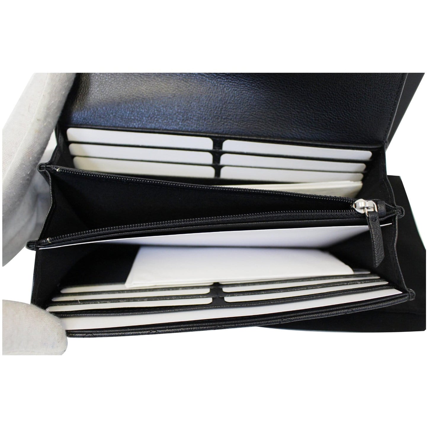 CHANEL Grained Leather Long Flap Wallet Silver-Tone Metal
