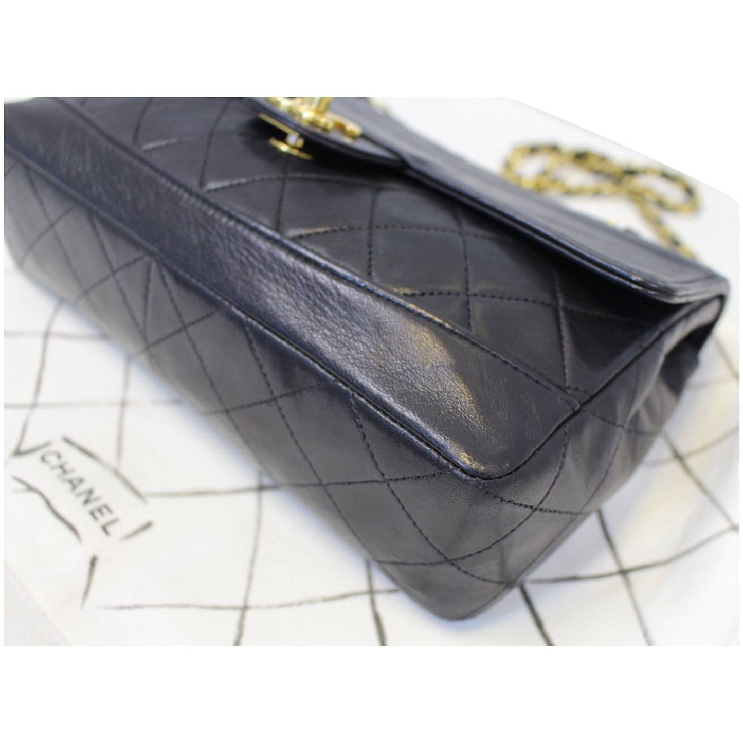 CHANEL Vintage Quilted Lambskin Leather Line Flap Bag Black