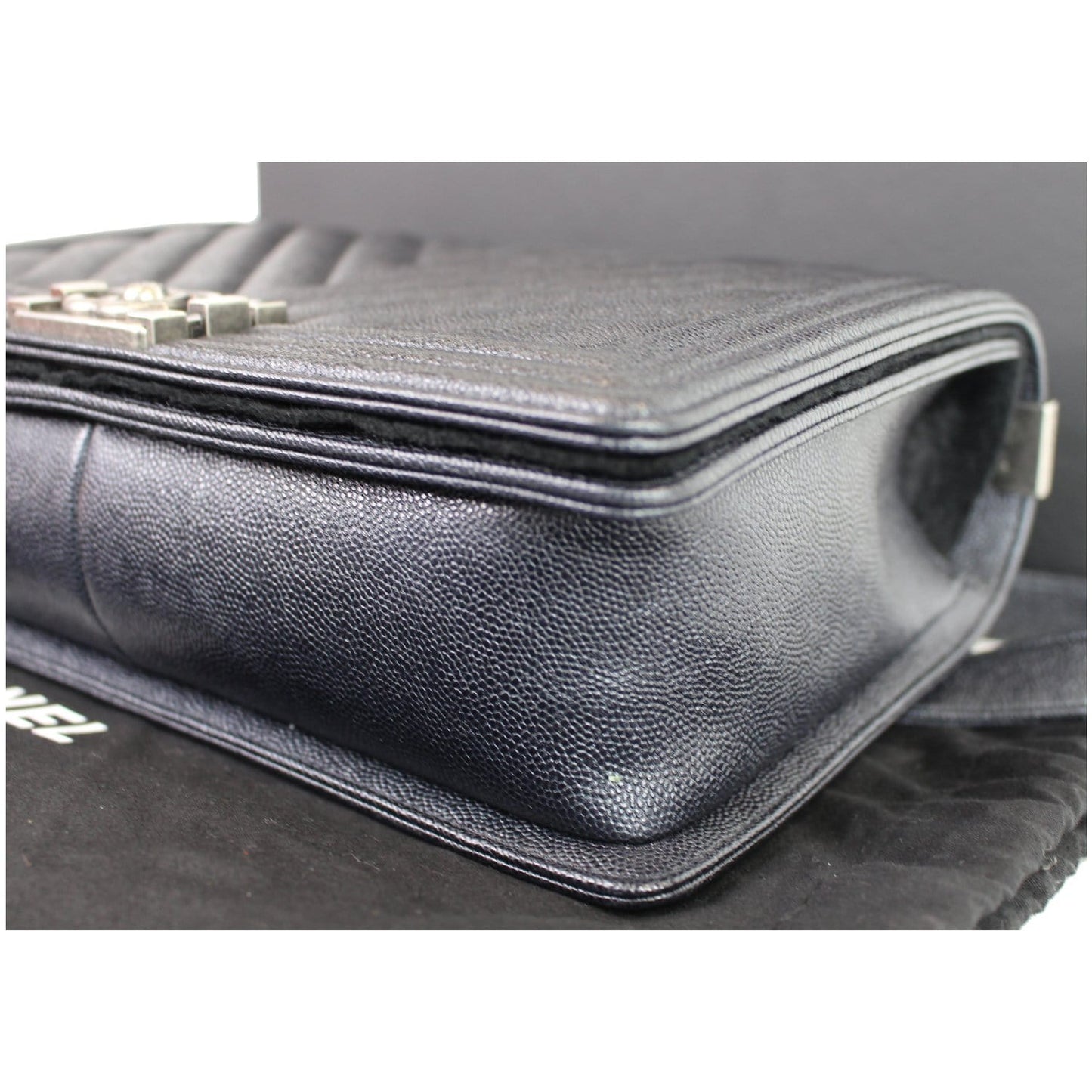Chanel Boy New Medium Chevron Caviar Shoulder Bag Navy
