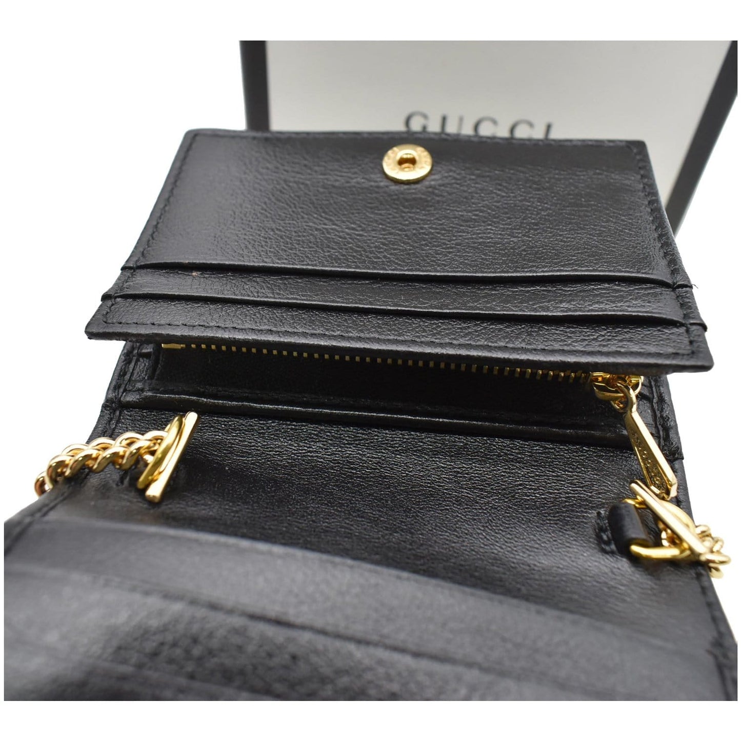 GUCCI Rajah Web Leather Card Case Chain Wallet Black 573790