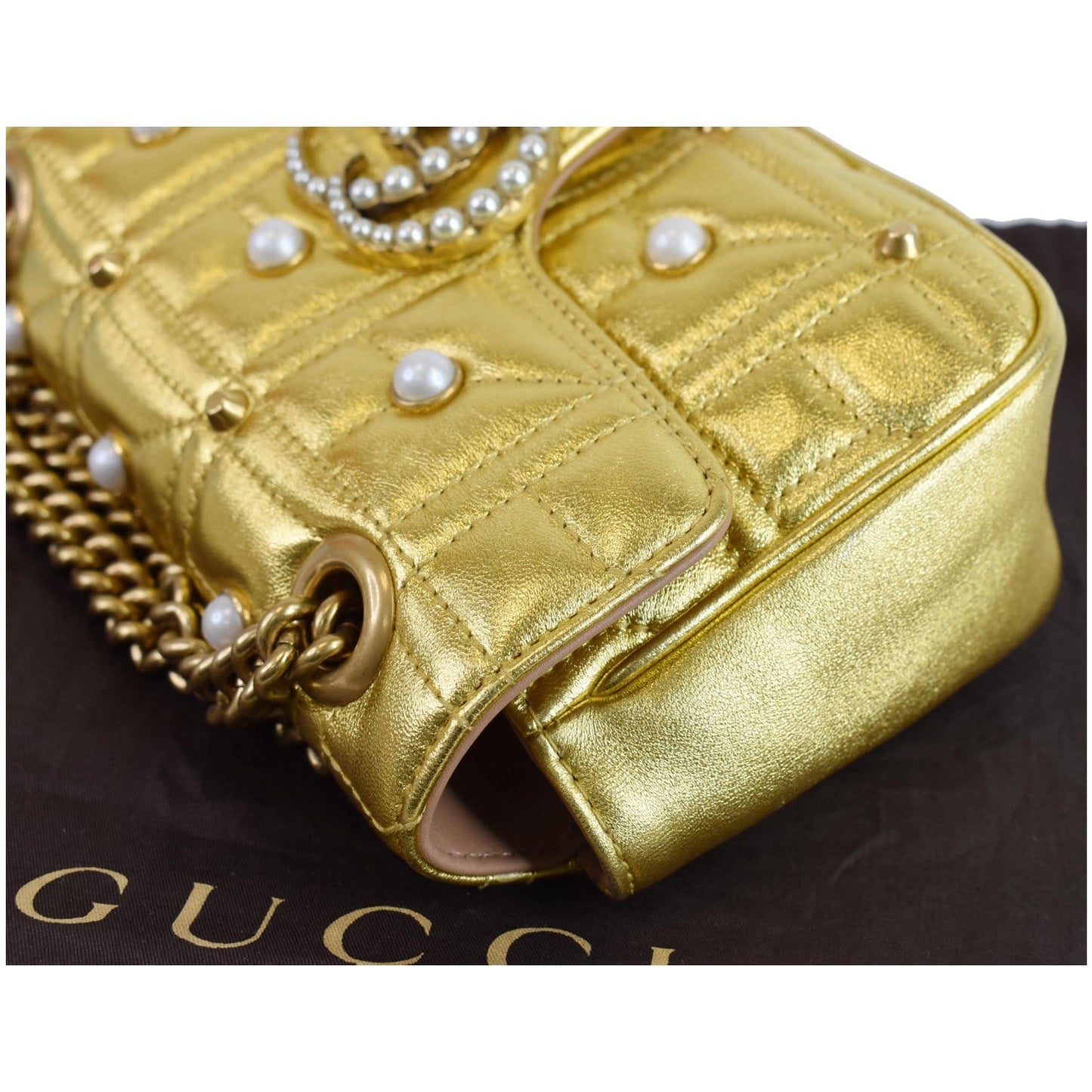 GUCCI GG Marmont Mini Pearl Studded Leather Shoulder Bag Gold 446744
