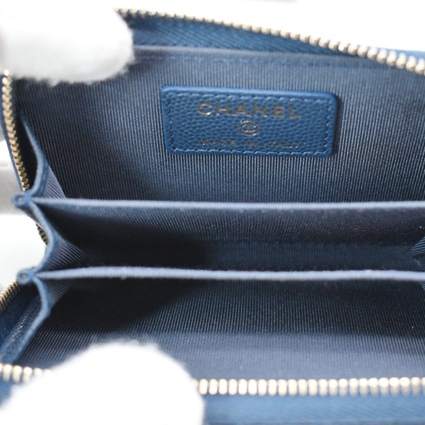 CHANEL Caviar Quilted Small Zip Around Wallet Blue