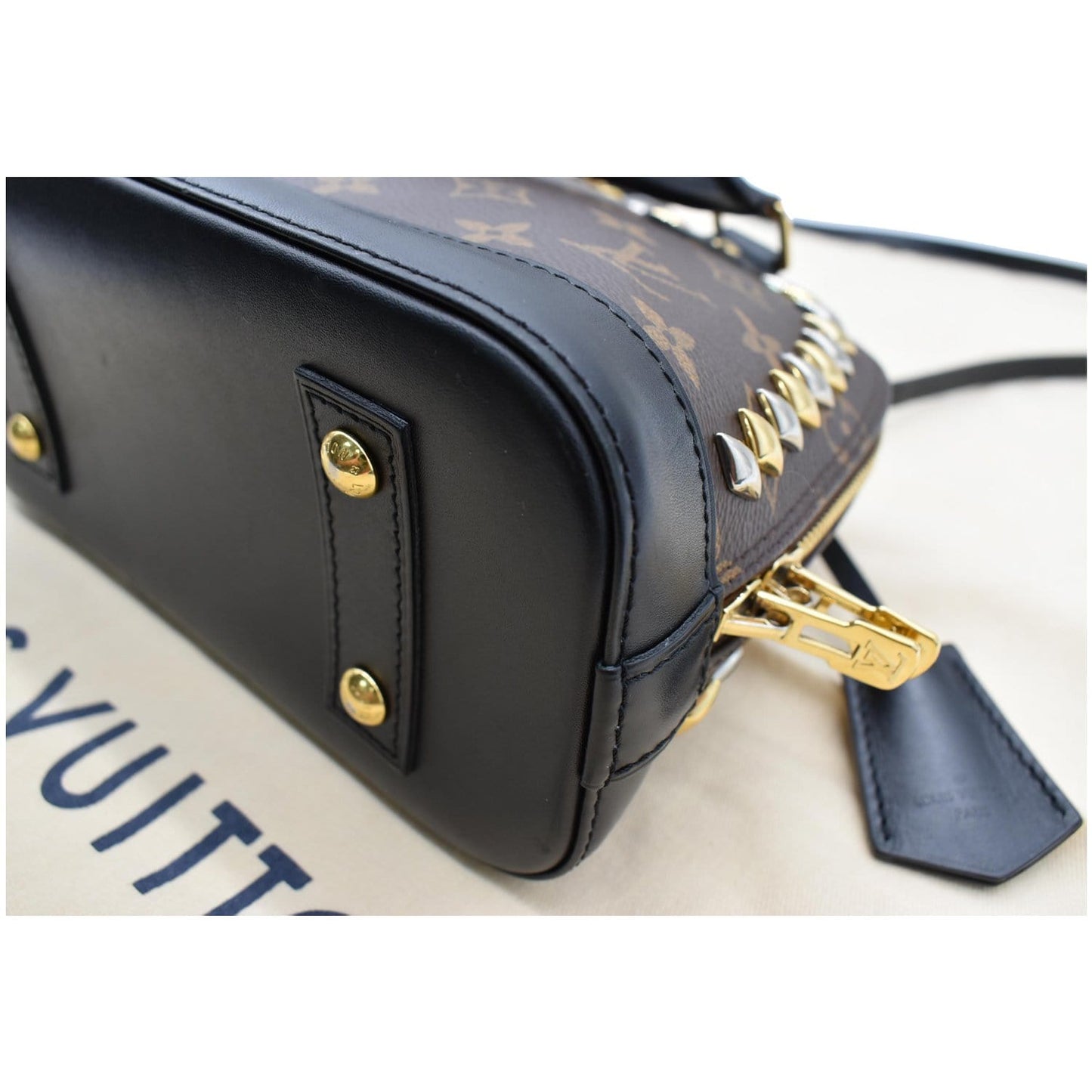 LOUIS VUITTON Studded Alma BB Monogram Macassar Canvas Crossbody Bag Brown