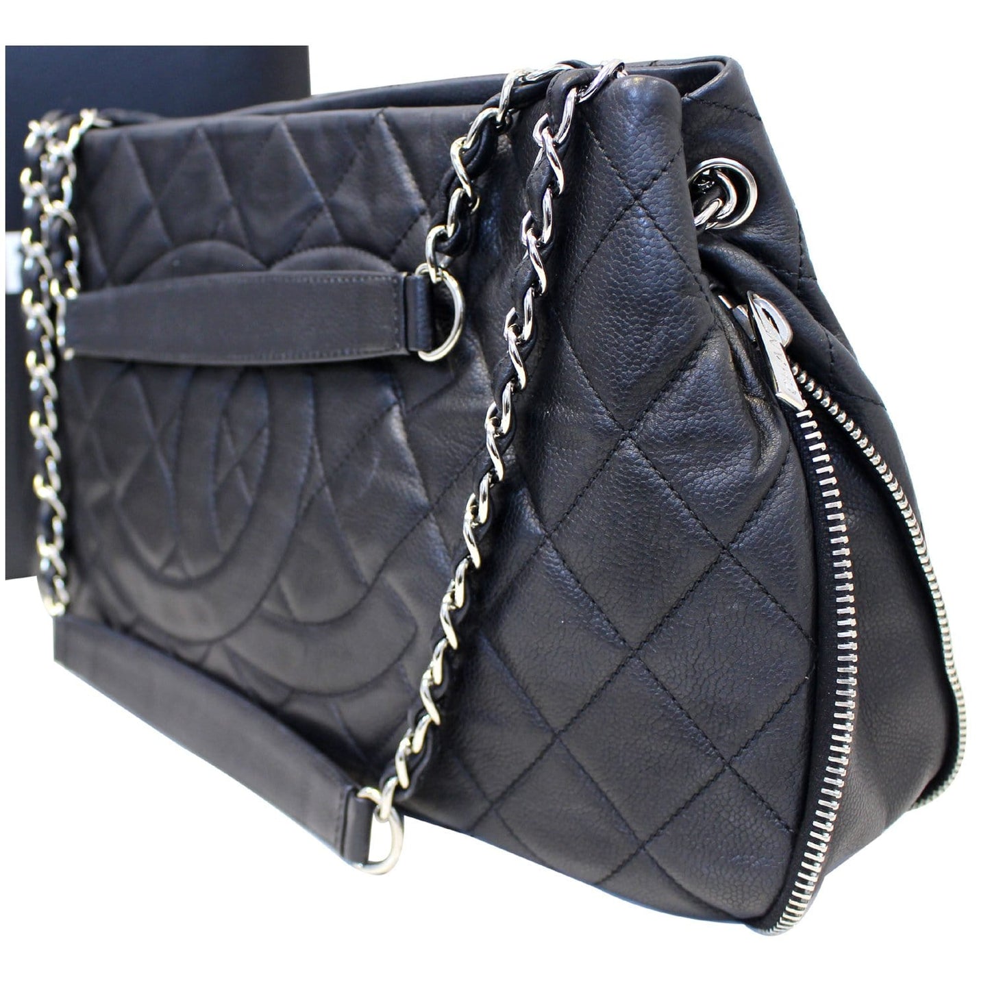 CHANEL Black Quilted Caviar Leather Zip Around Tote Bag