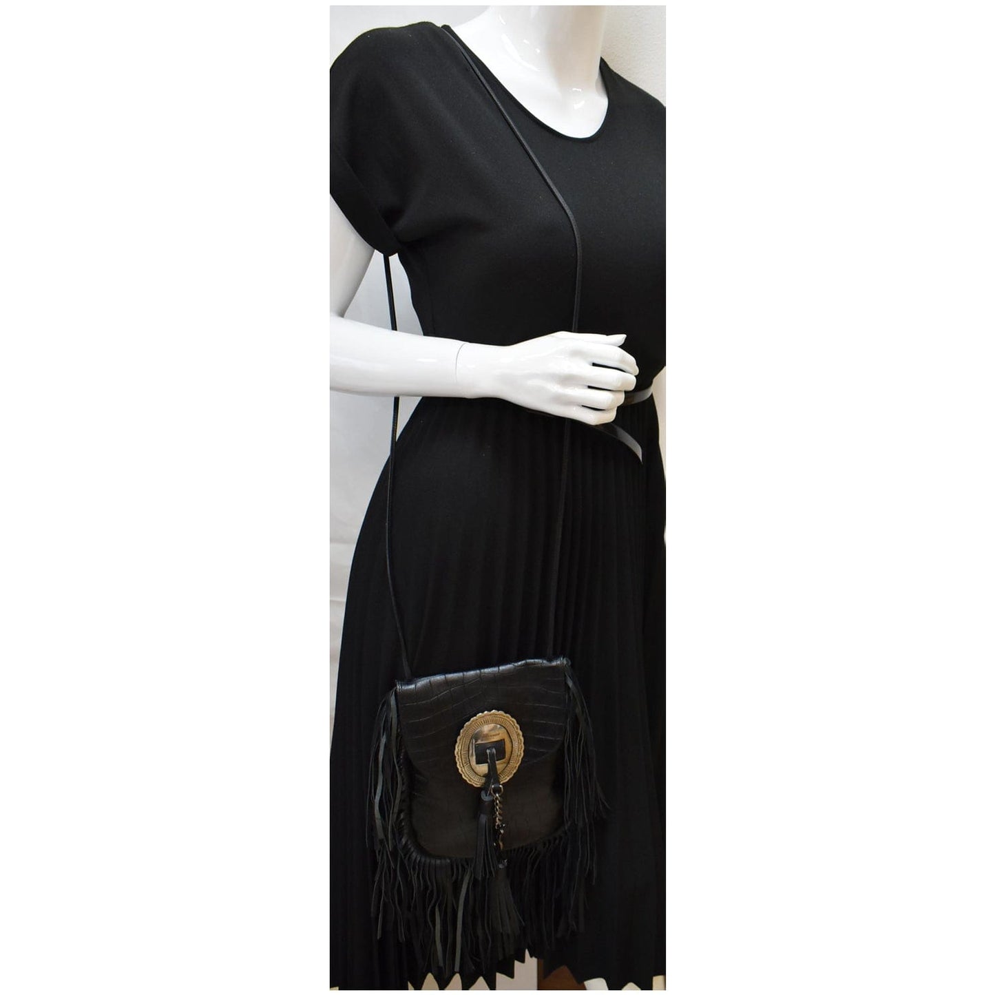 YVES SAINT LAURENT Anita Fringe Leather Crossbody Bag Black