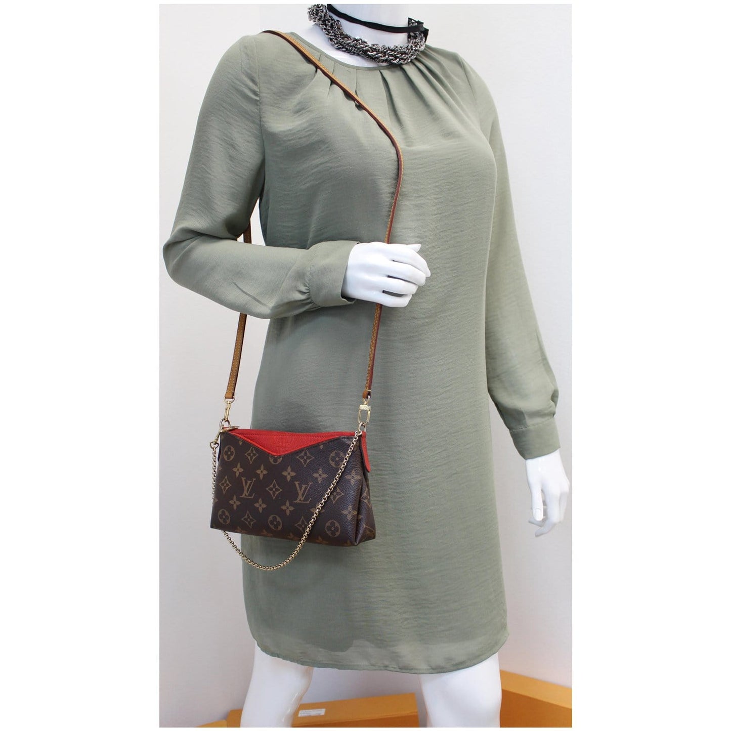 LOUIS VUITTON Pallas Monogram Canvas Clutch Crossbody Bag Brown