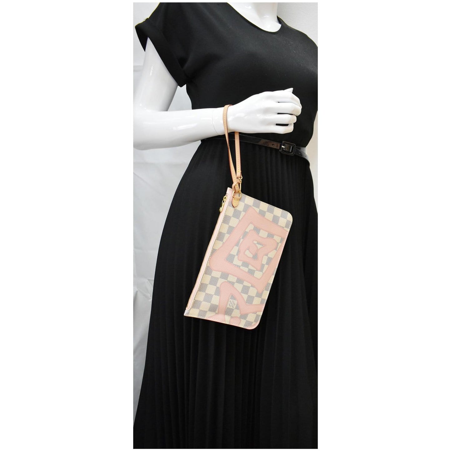 LOUIS VUITTON Tahitienne Pochette Wristlet Pouch Damier Azur Neverfull MM Pink
