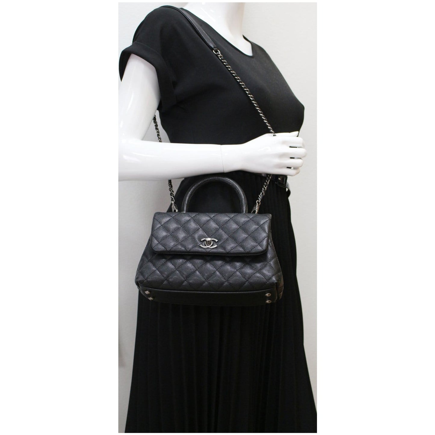 CHANEL Coco Mini Top Lizard Handle Caviar Leather Shoulder Bag Black