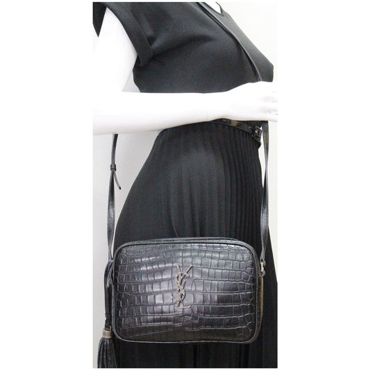 YVES SAINT LAURENT Lou Crocodile Embossed Leather Camera Crossbody Bag Black