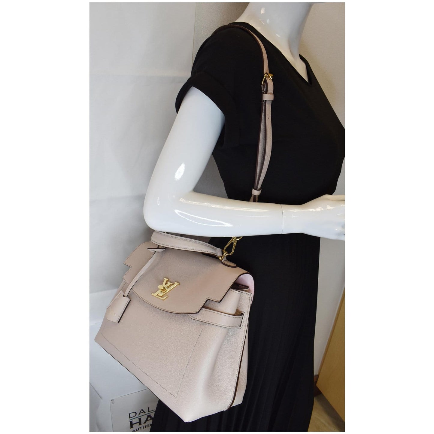 Louis Vuitton Lockme Ever MM Pebbled Leather Shoulder Bag Greige