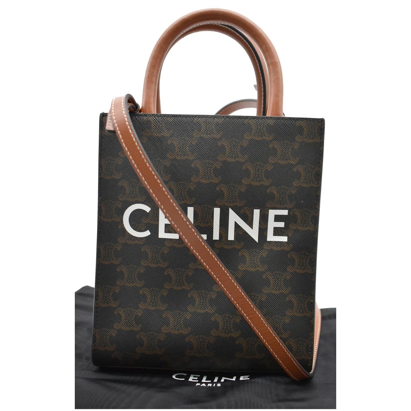 CELINE Triomphe Vertical Cabas Small Calfskin Canvas Shoulder Bag Tan