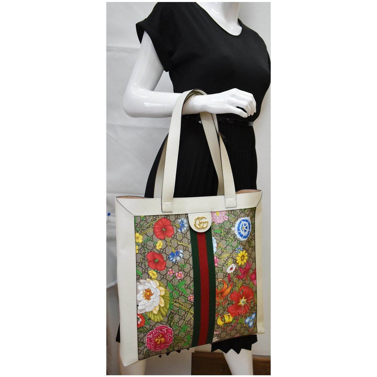 GUCCI Ophidia GG Flora Vertical Shopping Tote Bag White 519335