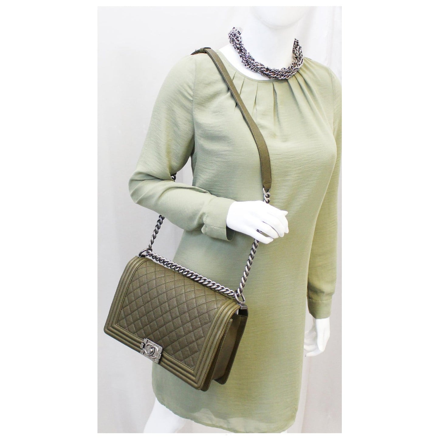 CHANEL Medium Boy Flap Caviar Leather Shoulder Bag Olive Green