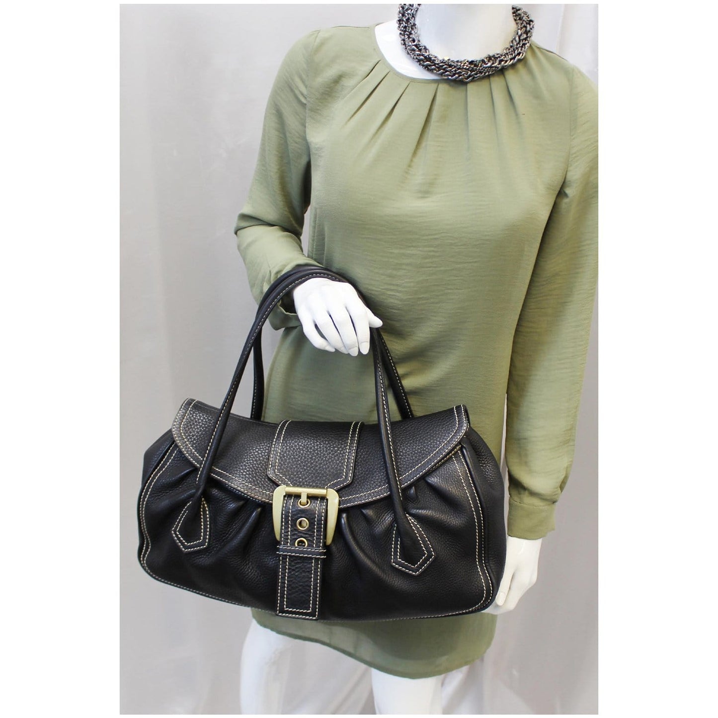 Celine Buckle Leather Satchel Bag Black - Last Call