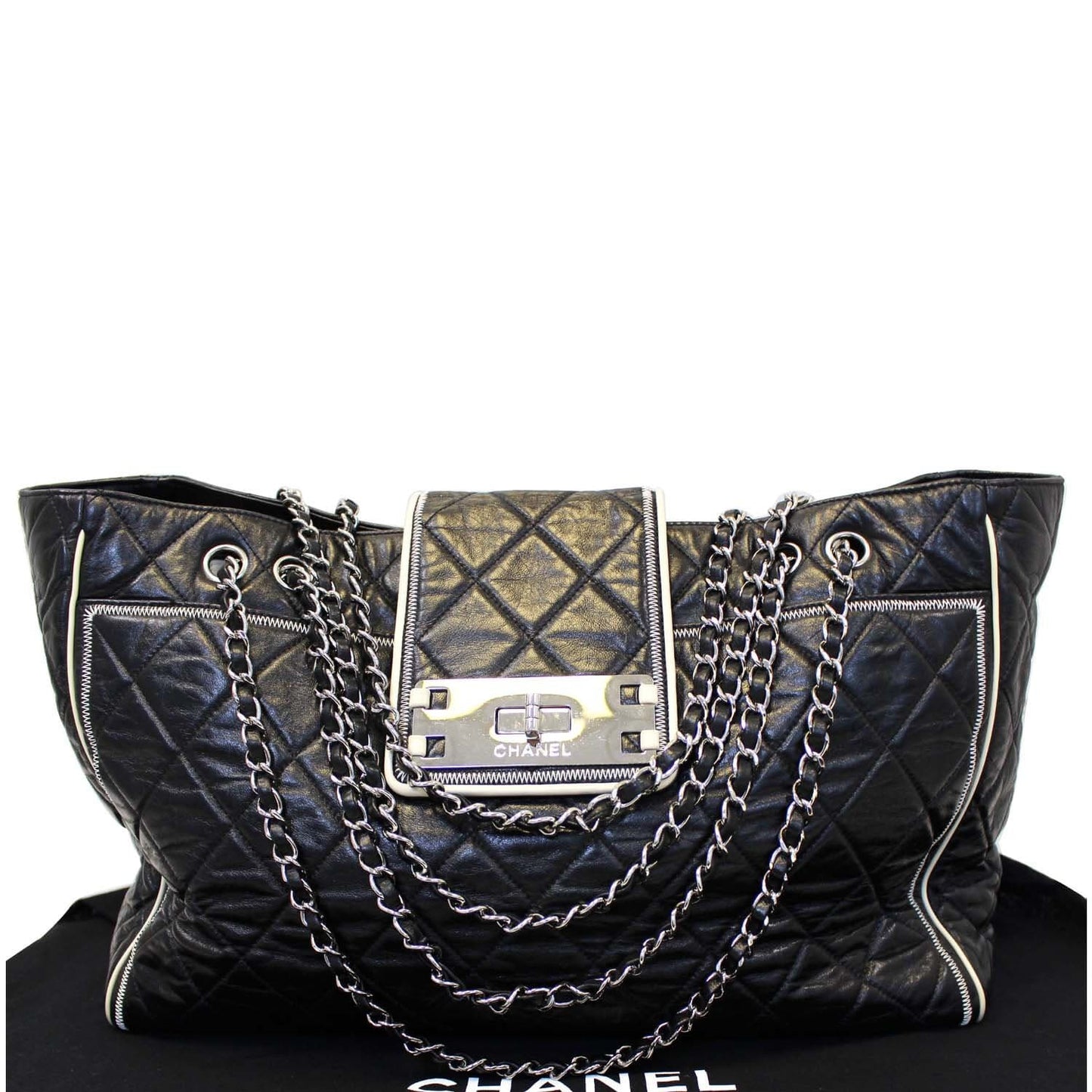CHANEL East West Large Lambskin Quilted Leather Tote Shoulder Bag Black