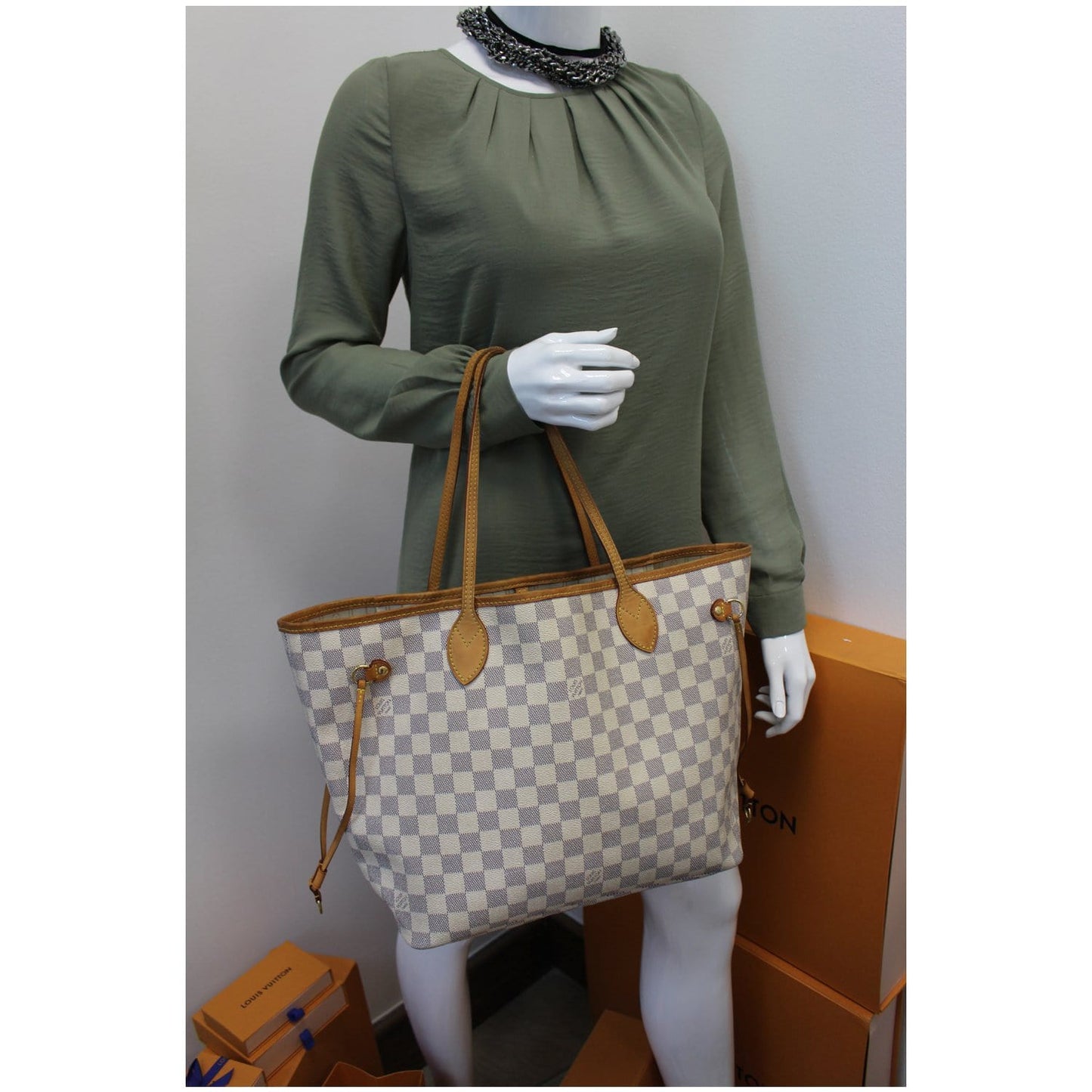 LOUIS VUITTON Neverfull MM Damier Azur Tote Shoulder Bag White