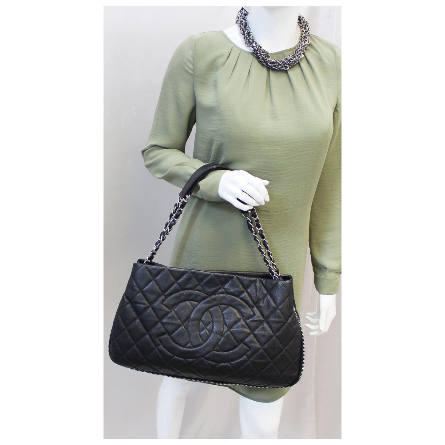 CHANEL Black Quilted Caviar Leather Zip Around Tote Bag