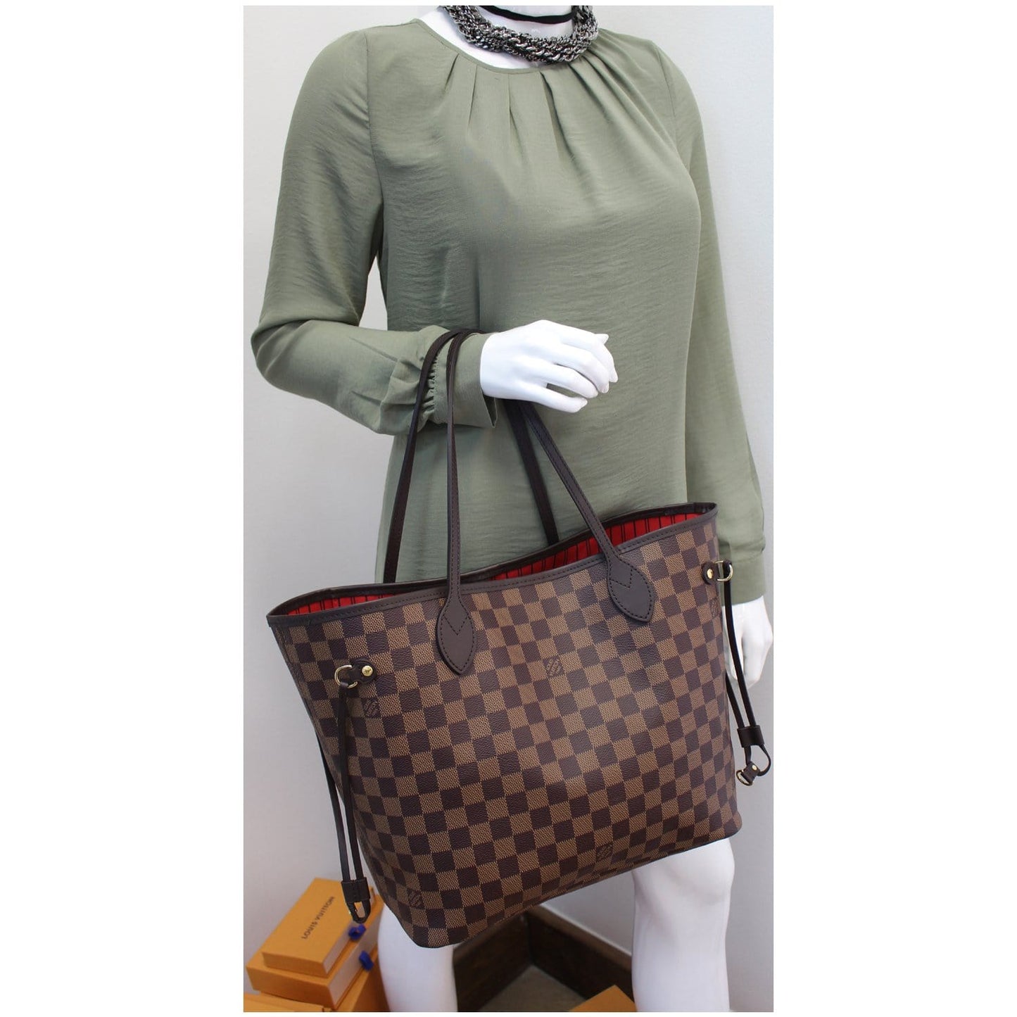 LOUIS VUITTON Neverfull MM Damier Ebene Tote Shoulder Bag Brown