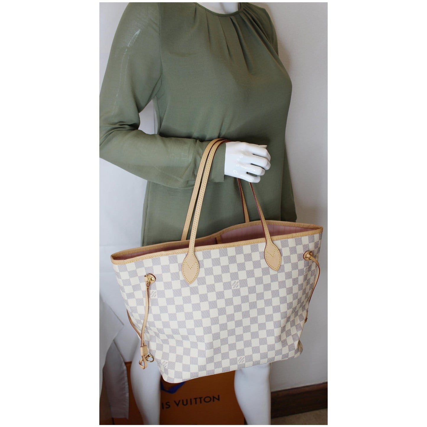 LOUIS VUITTON Neverfull MM Damier Azur Tote Shoulder Bag White