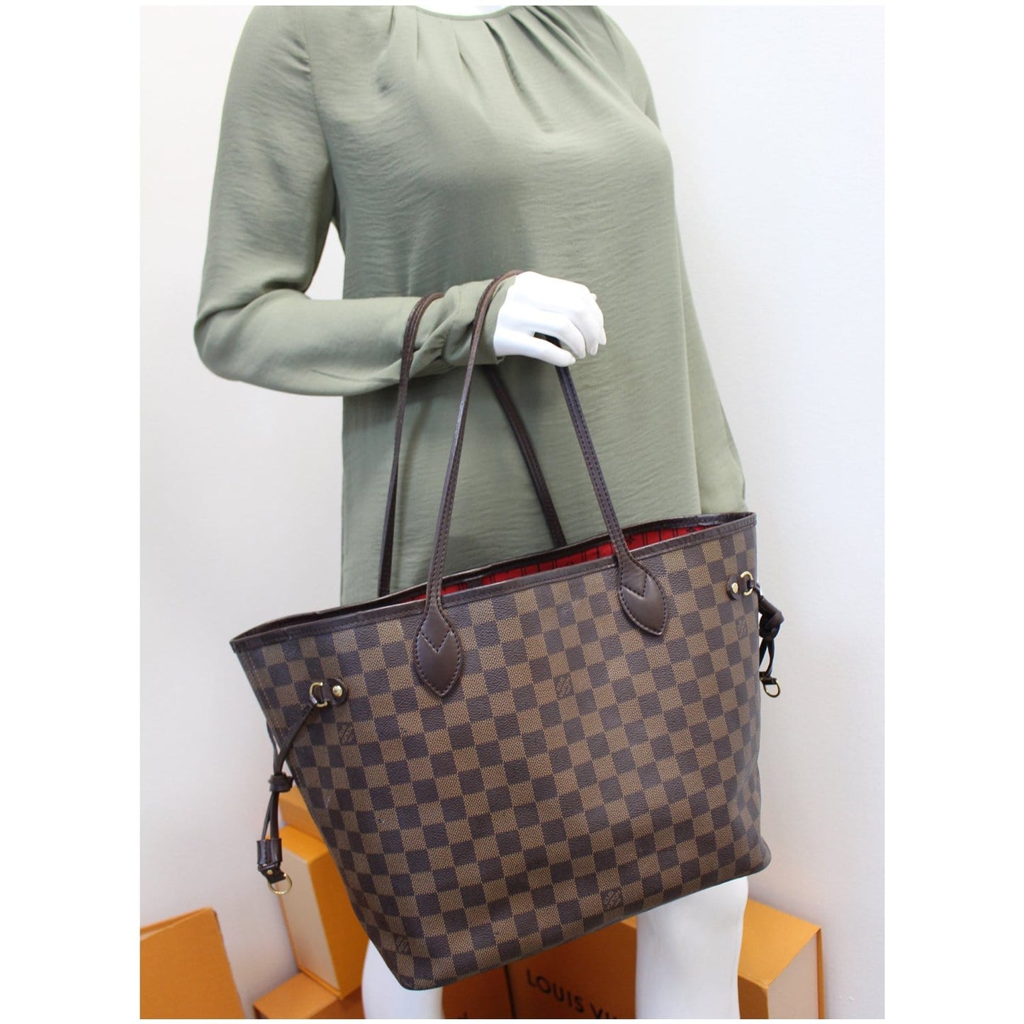 LOUIS VUITTON Neverfull MM Damier Ebene Tote Shoulder Bag Brown