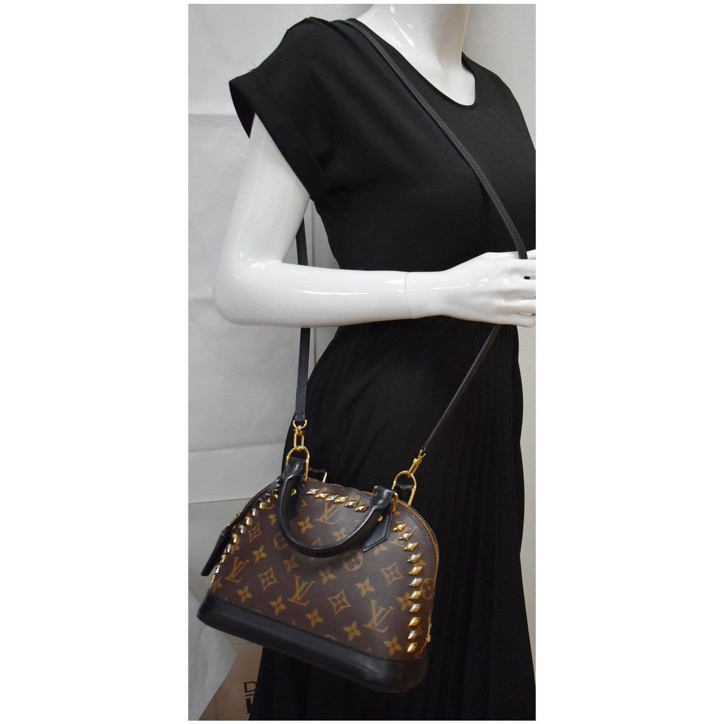 LOUIS VUITTON Studded Alma BB Monogram Macassar Canvas Crossbody Bag Brown