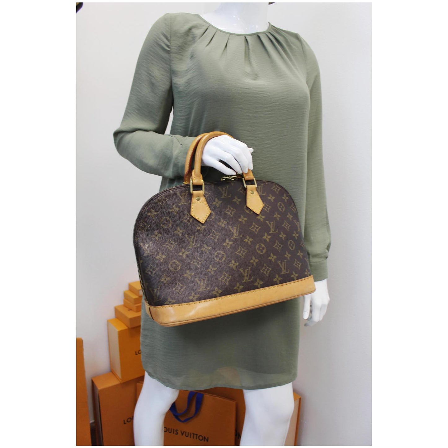 LOUIS VUITTON Alma Monogram Canvas Satchel Bag Brown