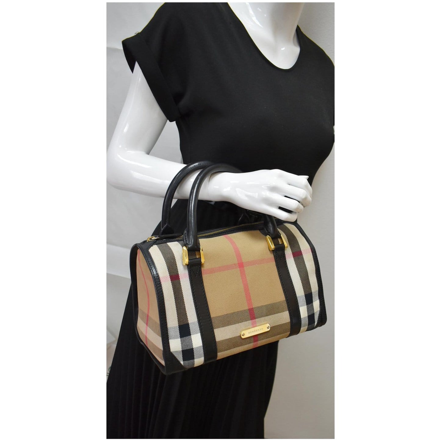 BURBERRY Boston Haymarket Check Coated Canvas Satchel Bag Brown
