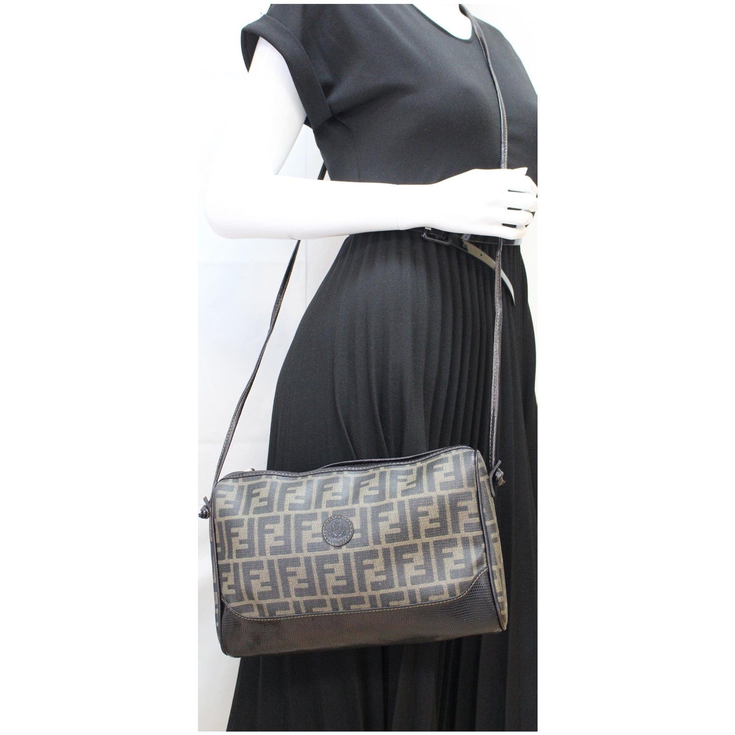 FENDI Roma Coated Canvas Leather Crossbody Bag Brown