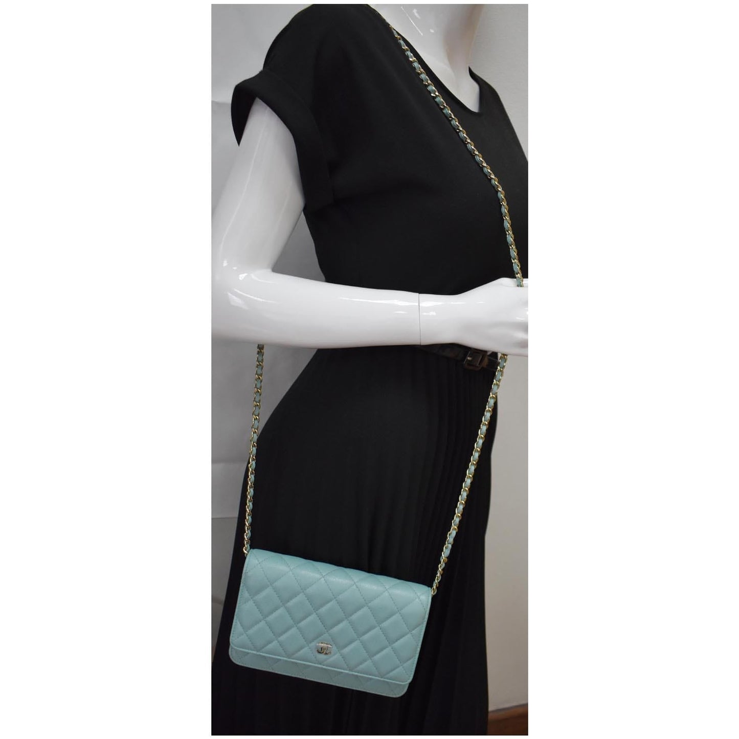 CHANEL CC WOC Caviar Leather Wallet On Chain Shoulder Bag Light Blue