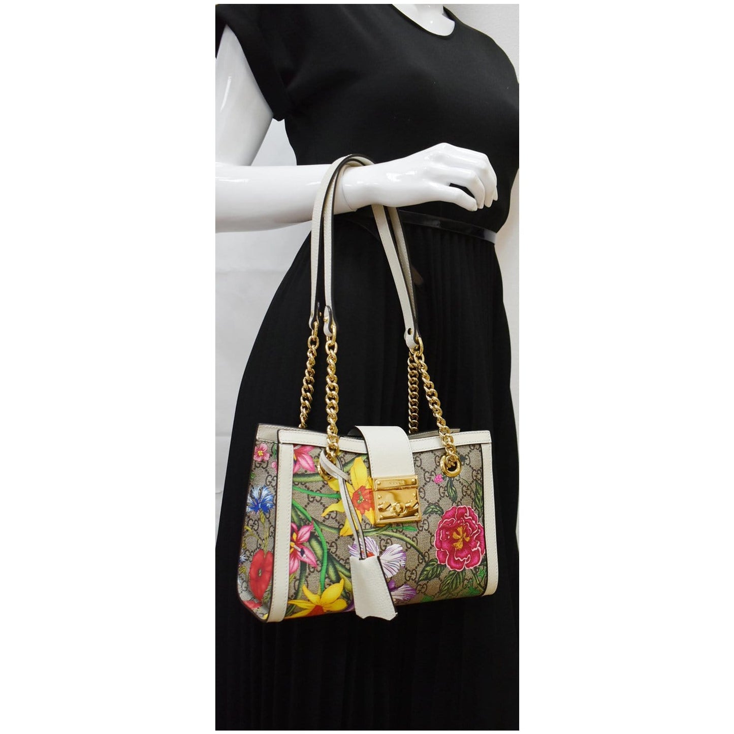 GUCCI Padlock Flora Small GG Supreme Canvas Shoulder Bag Beige 498156
