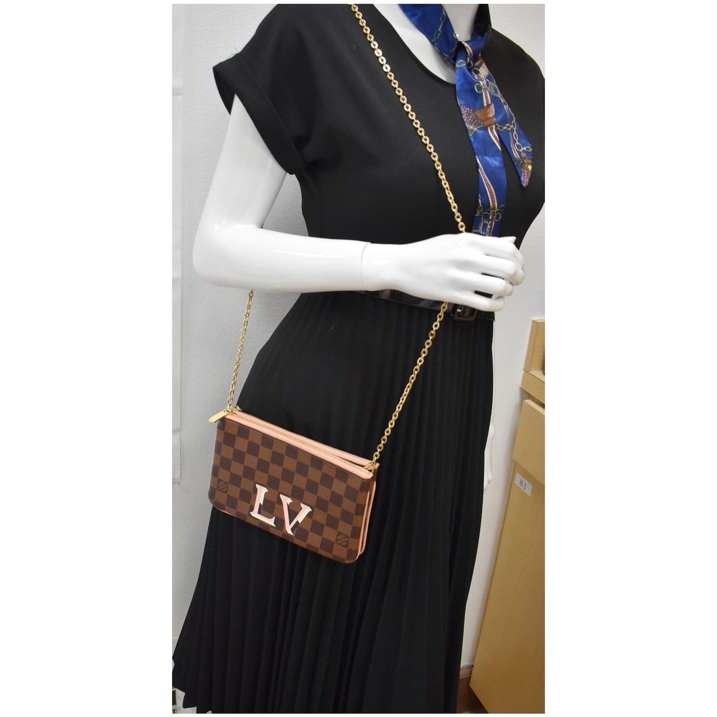 LOUIS VUITTON Double Zip Pochette Damier Ebene Crossbody Bag Brown