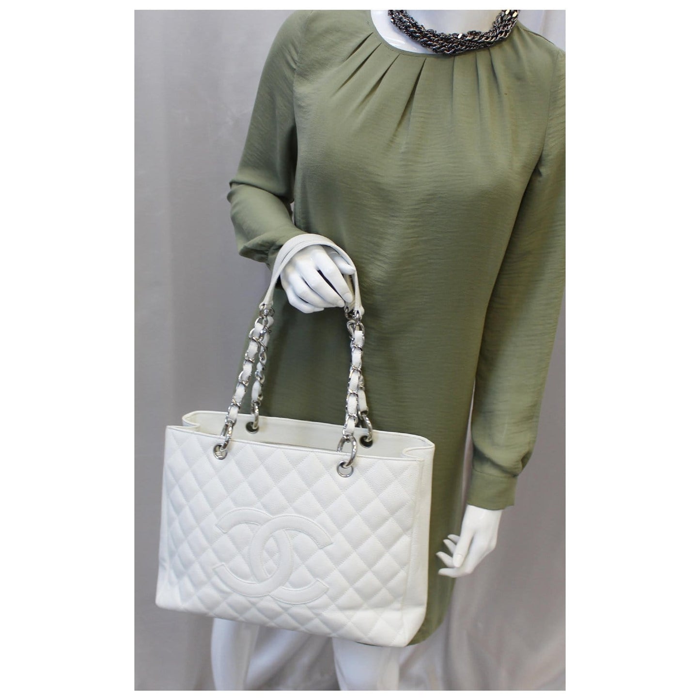 CHANEL Grand Shopping Quilted Caviar Leather Tote Bag White