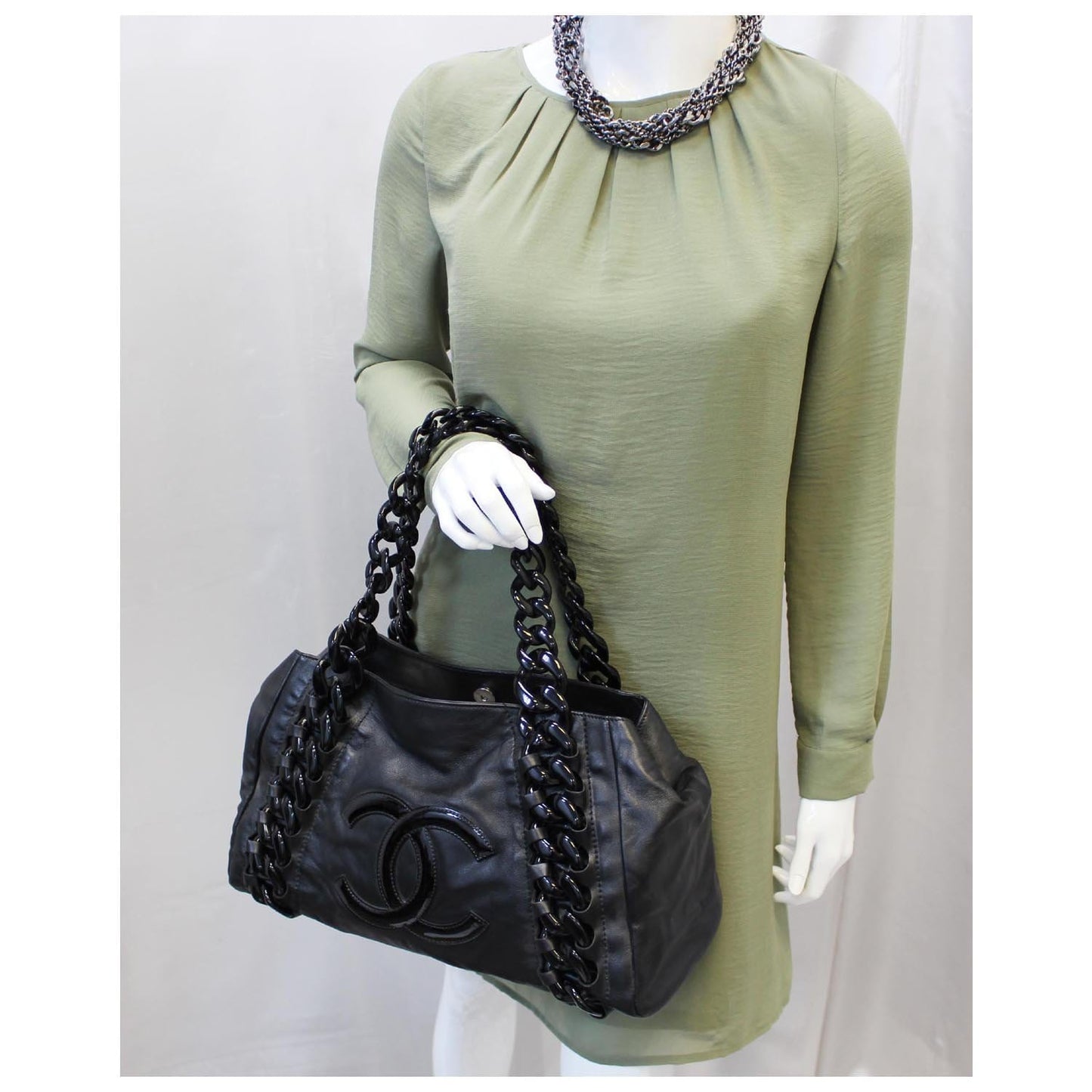 CHANEL Calfskin Rhodoid Modern Chain East West Tote Black