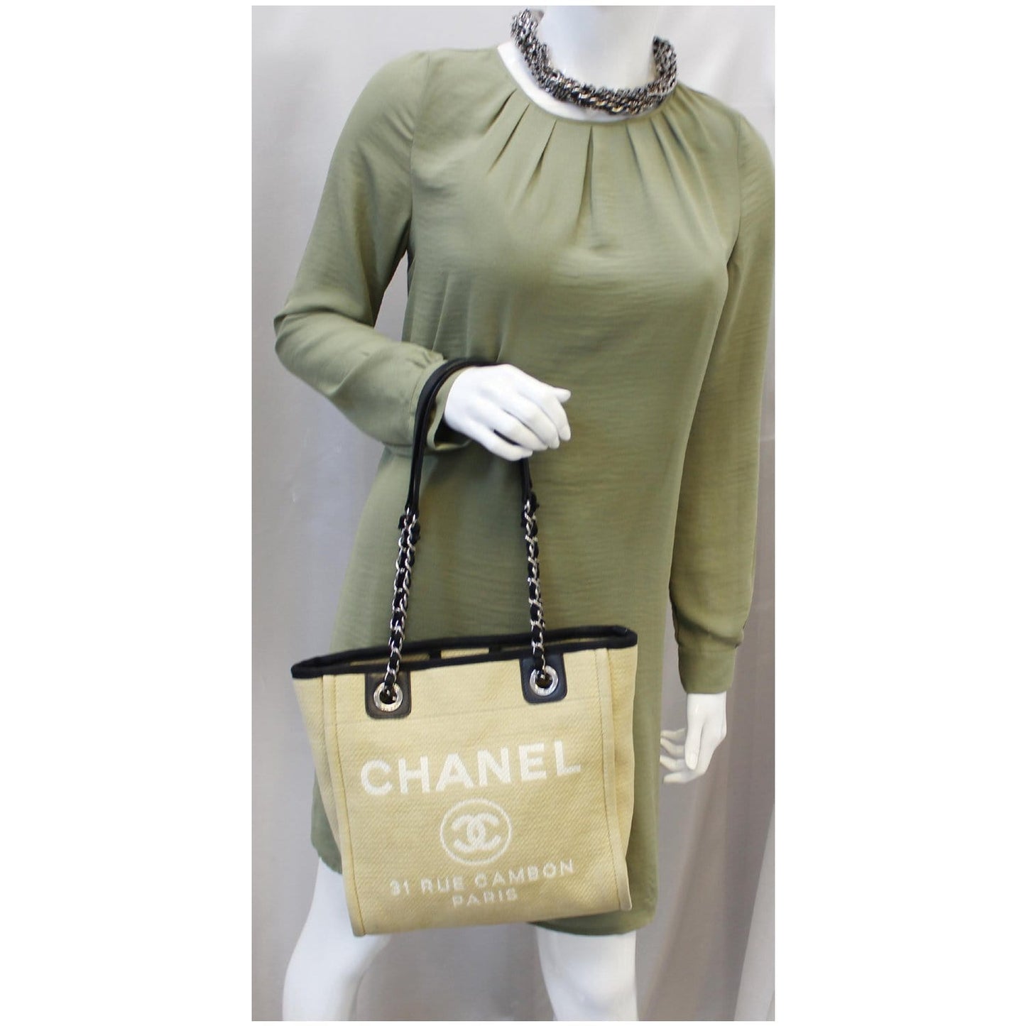 CHANEL Deauville Mini Chian Tote Bag Beige/Black