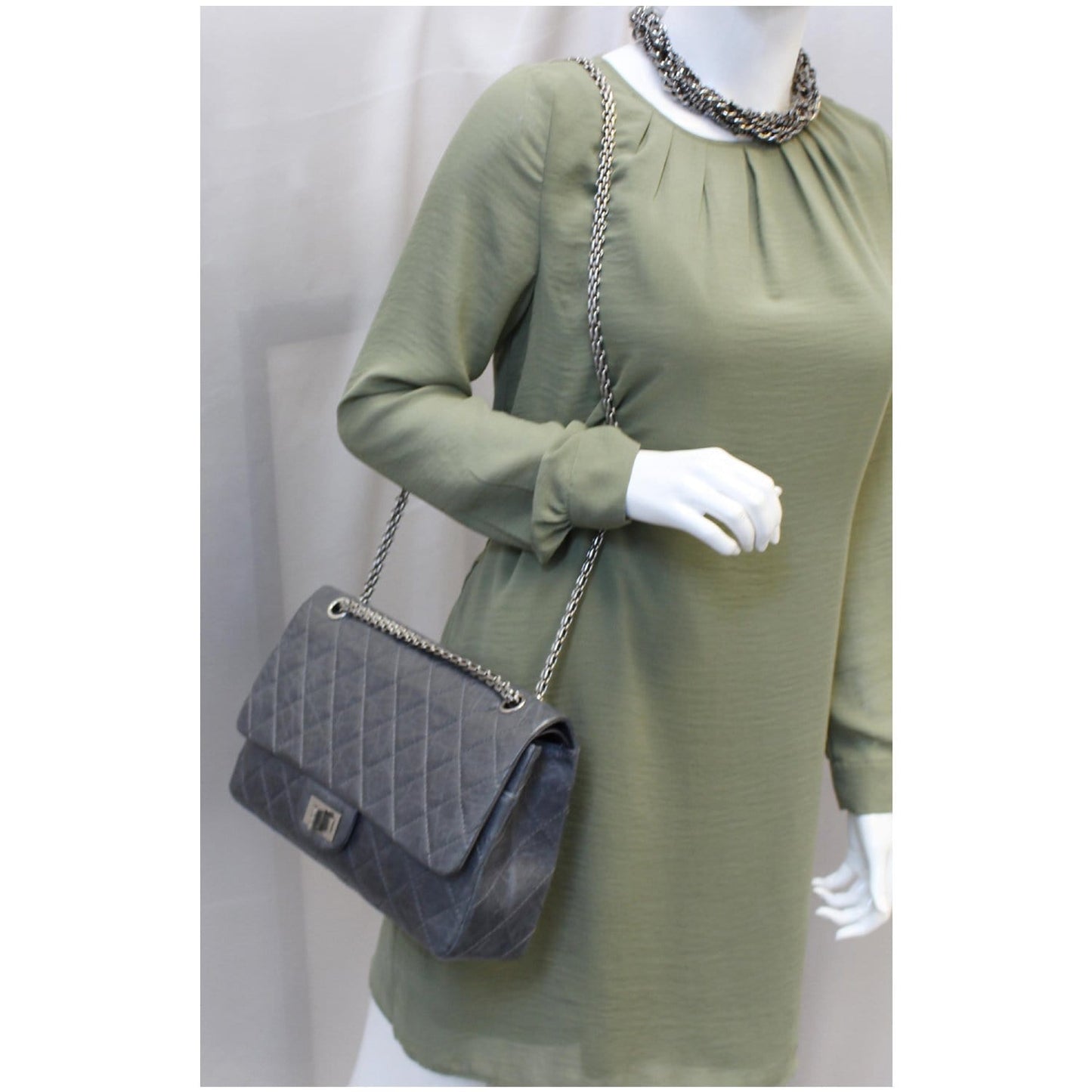 CHANEL 2.55 Reissue Mademoiselle Lock Calfskin Leather Shoulder Bag Grey